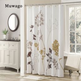 Muwago Silhouette Flower Shower Curtains Polyester Fabric Plants Brown Beige Leaves Waterproof Mildew Floral Bathroom Curtains - W72"*H72"