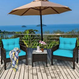 3 Piece Outdoor Rattan Conversation Set Patio Furniture Upholstered Sofa Chair - Blue