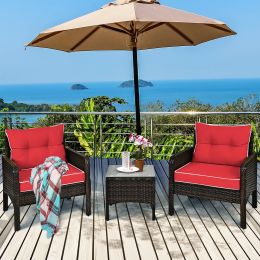 3 Piece Outdoor Rattan Conversation Set Patio Furniture Upholstered Sofa Chair - red