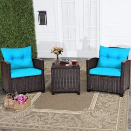 3 Pieces Garden Rattan Furniture Set Upholstered Sofa Coffee Table - turquoise