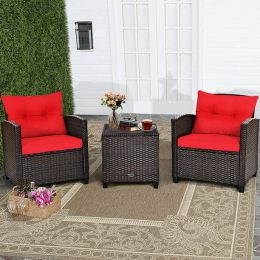 3 Pieces Garden Rattan Furniture Set Upholstered Sofa Coffee Table - red