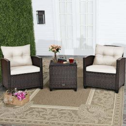 3 Pieces Garden Rattan Furniture Set Upholstered Sofa Coffee Table - off-white