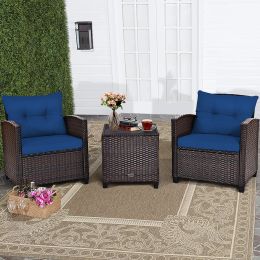 3 Pieces Garden Rattan Furniture Set Upholstered Sofa Coffee Table - navy blue