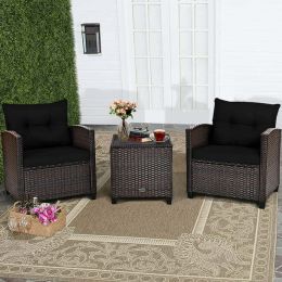 3 Pieces Garden Rattan Furniture Set Upholstered Sofa Coffee Table - Black