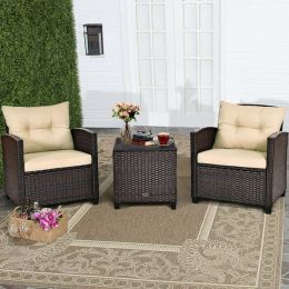 3 Pieces Garden Rattan Furniture Set Upholstered Sofa Coffee Table - beige