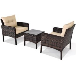 3 Piece Patio Outdoor Rattan Furniture Set Brown Upholstered Chairs Coffee Table - Brown