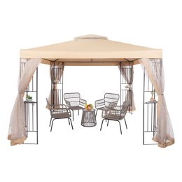 10' x 10' Steel Outdoor Patio /Gazebo /Garden Canopy with Removable Mesh Curtains,Double Tier Roof , & Steel Frame, Beige Top Cloth - Beige