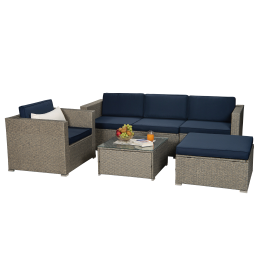 Outdoor Garden Patio Furniture 6-Piece Brown PE Rattan Wicker Sectional  Cushioned Sofa Sets - Gray