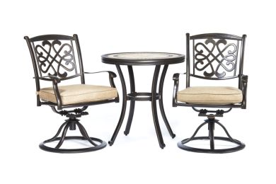 3 Piece Bistro Set, Cast Aluminum Dining Table Swivel Rocker Chairs Outdoor Patio Furniture - black gold - 2-person