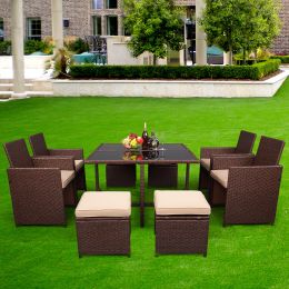 (Limited time purchase) Outdoor 9 Pcs Wood Grain PE Wicker Rattan Dining Ottoman with Tempered Glass Table Patio Furniture Set XH - Rattan Color: Wood