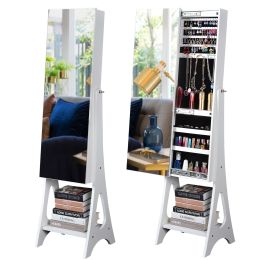 Large Storage Organizer with Frameless Free Standing Jewelry Mirror - white