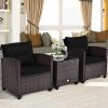 3 Pieces Garden Rattan Furniture Set Upholstered Sofa Coffee Table - Black