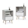 Mid-Century Wood Nightstand Set of 2;  Bed Sofa Side Table with Drawer and Shelf;  Modern End Table for Living Room Bedroom Office - Gray+White+Natura