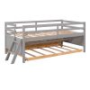 Low Loft Bed Twin Size with Full Safety Fence; Climbing ladder; Storage Drawers and Trundle Gray Solid Wood Bed - as pic