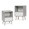 Mid-Century Wood Nightstand Set of 2;  Bed Sofa Side Table with Drawer and Shelf;  Modern End Table for Living Room Bedroom Office - Gray+White+Natura