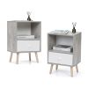 Mid-Century Wood Nightstand Set of 2;  Bed Sofa Side Table with Drawer and Shelf;  Modern End Table for Living Room Bedroom Office - Gray+White+Natura