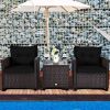 3 Pieces Garden Rattan Furniture Set Upholstered Sofa Coffee Table - Black